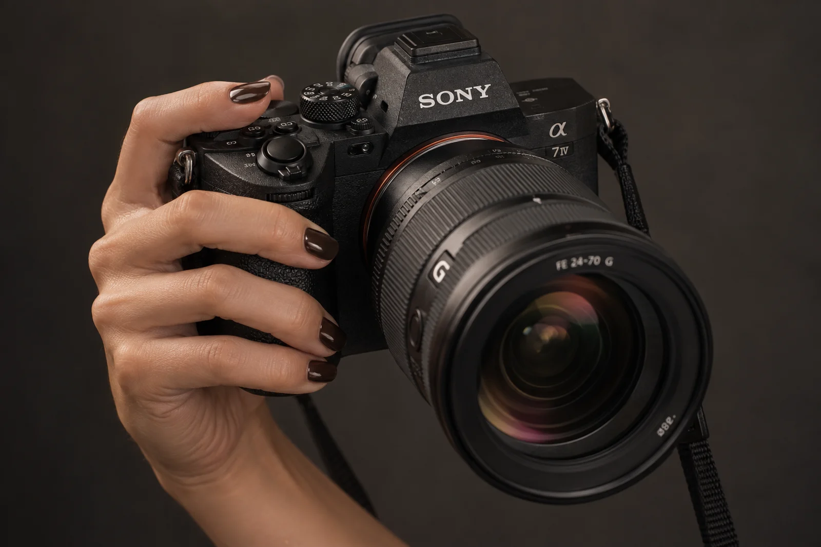 Mano sosteniendo una cámara Sony Alpha 7 IV